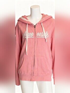 Aeropostale Pink Y2K Zip Up Hoodie Felt Logo Graphic Sweatshirt Small